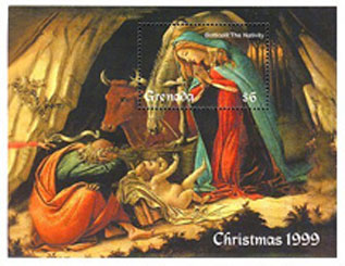 Grenada's 1973 issue of a cropped version of the Mystic Nativity focussing on the manger scene of the Mystic Nativity.