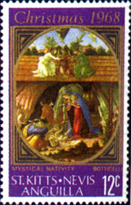St. Kitts-Nevis and Anguilla issed this 1968 postage stamp issue depicting a cropped version of the Mystic Nativity by Sandro Botticelli.