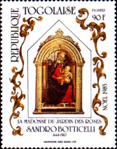 Postage stamp issued by Togo depicting a scaled down version of the Madonna of the Rose Garden by Sandro Botticelli.