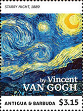 Van Gogh Stamp for Antigua and Barbuda, Starry Night painting Van Gogh, Starry Night Stamp